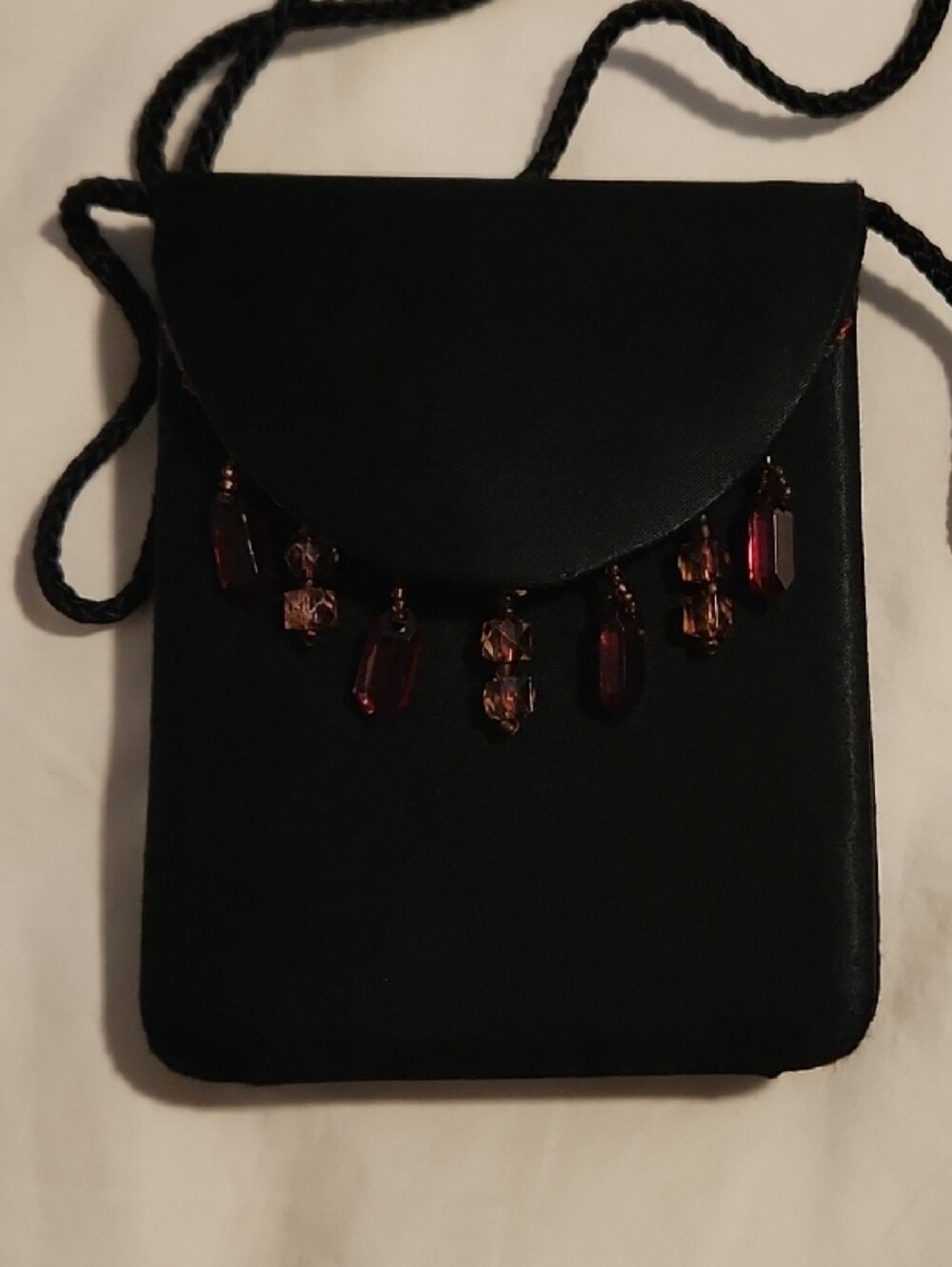 Customized Black satin  Crossbody Bag/purse with Garnet & Amber Bead Accents